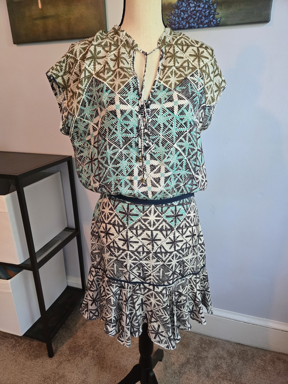 Veronica Beard NWOT Avenel Cap-Sleeve Silk Mini Dress Teal Mosaic - Size 3/L